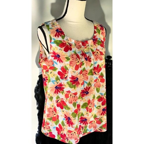 Talbots Floral Ruched Collar Sleeveless Blouse Large Bright Multicolor Keyhole - Picture 9 of 10